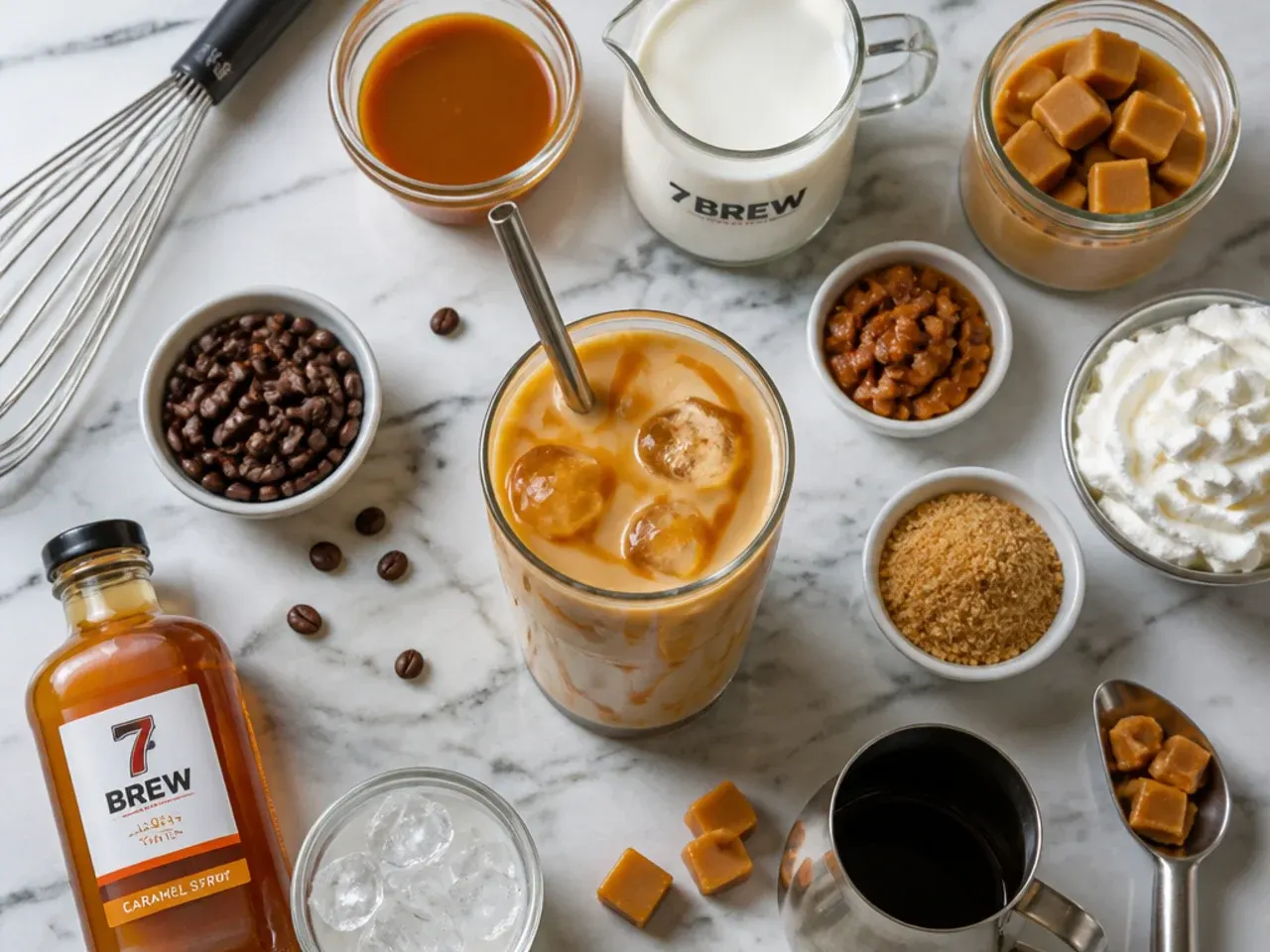 Close-up of caramel syrup being poured into a glass before adding coffee and ice