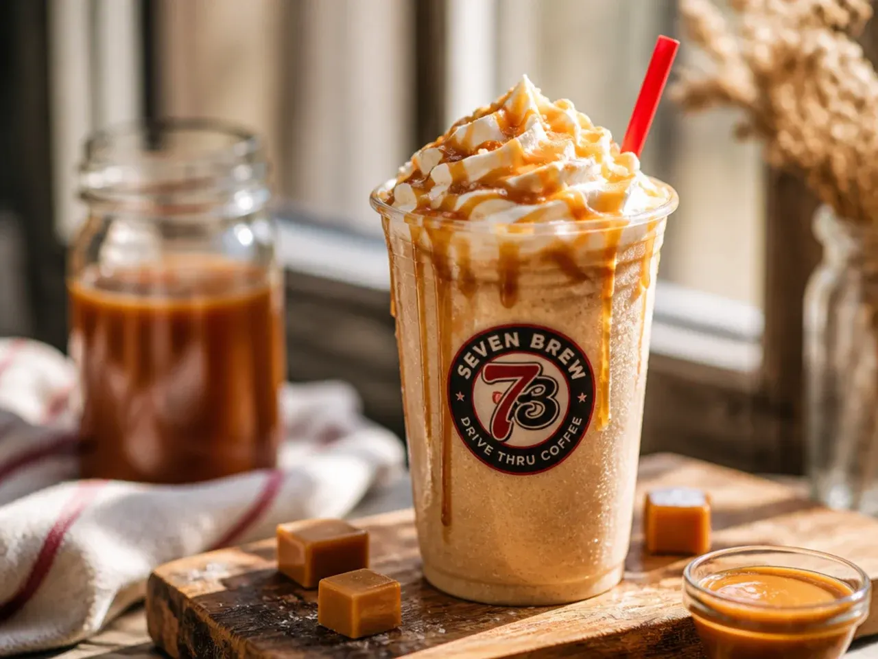 Caramel drizzled glass ready to be filled with iced coffee, styled with whipped cream and toffee bits nearby