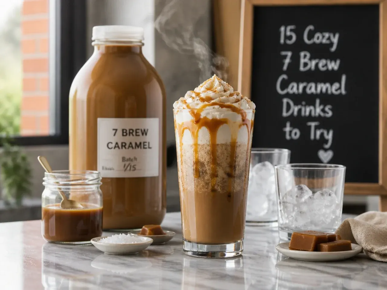 Mason jar of cold brew concentrate and a bottle of caramel syrup stored in the fridge