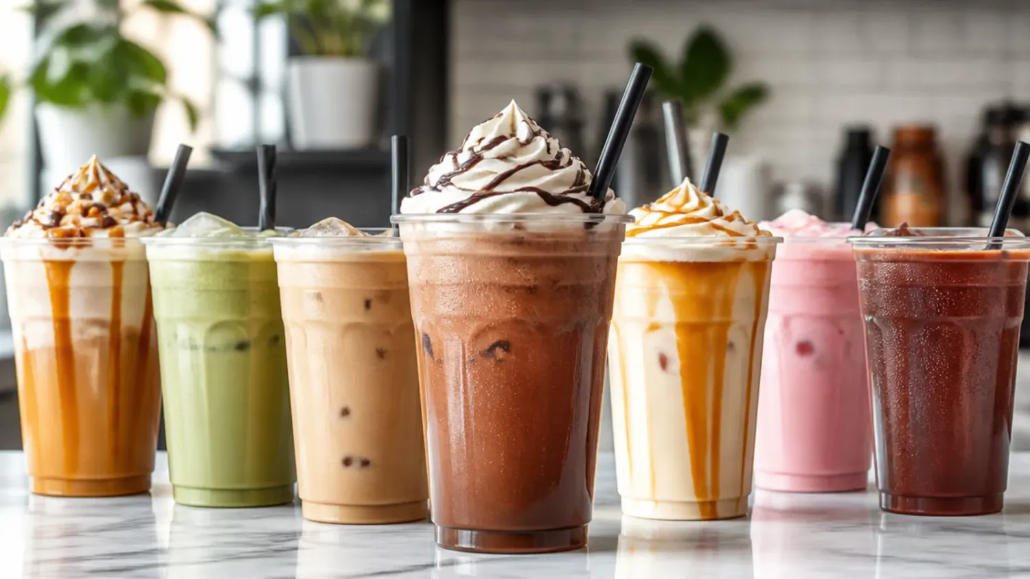 A row of colourful iced coffee and fizz drinks in clear cups with straws, styled like a 7 Brew drive-thru order lineup