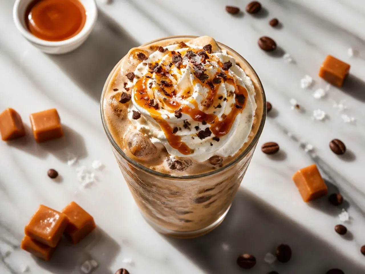 Iced caramel breve in a clear plastic cup with whipped cream and a sprinkle of sea salt on top