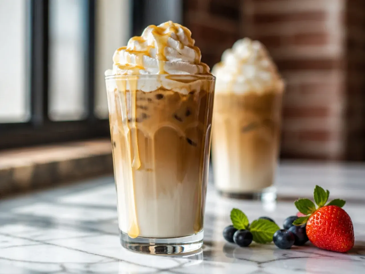 Classic vanilla latte in a glass mug with visible milk and coffee layers before stirring