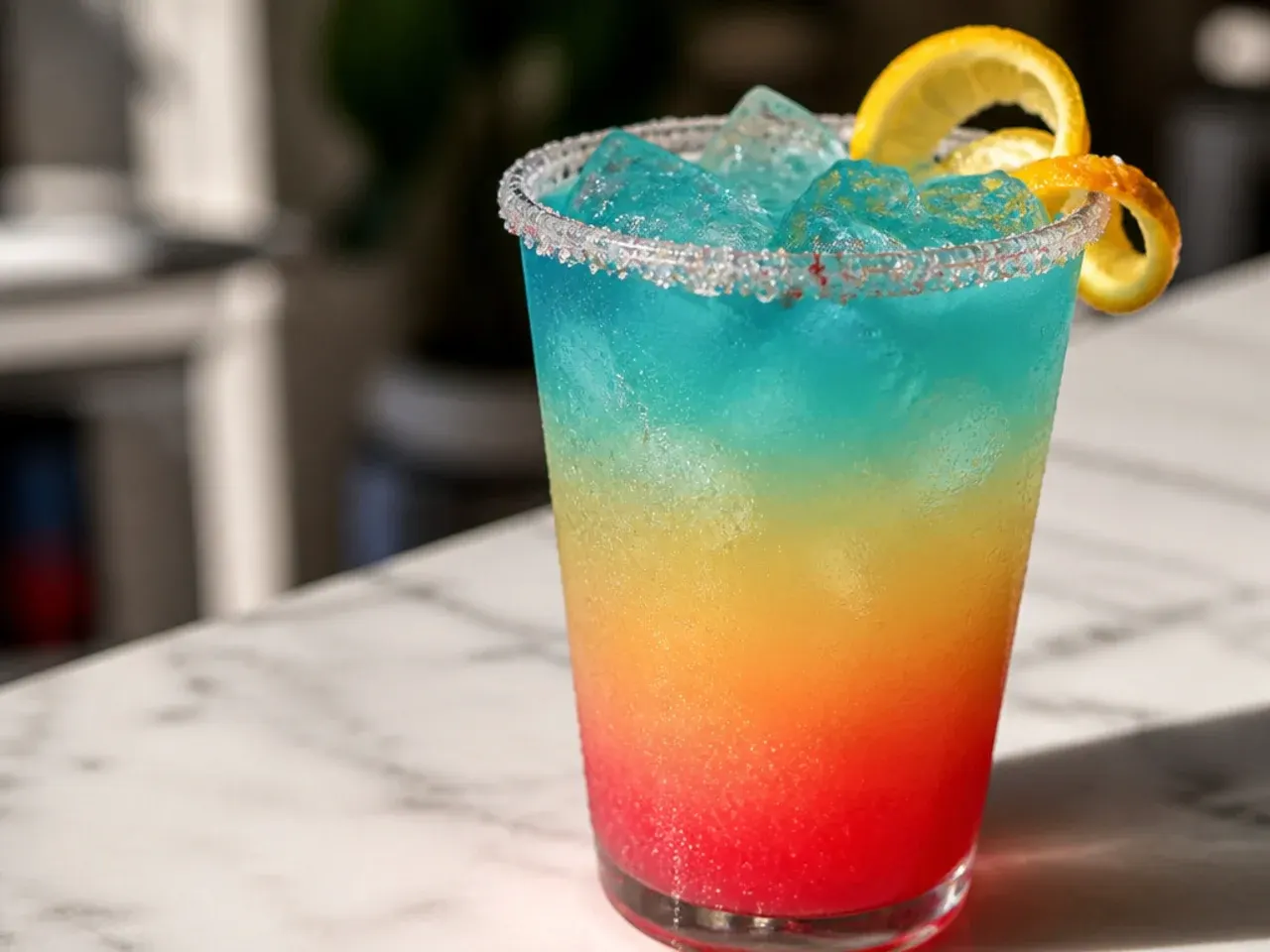 Bright pink and blue layered energy drink in a tall cup with ice and a splash of cream on top
