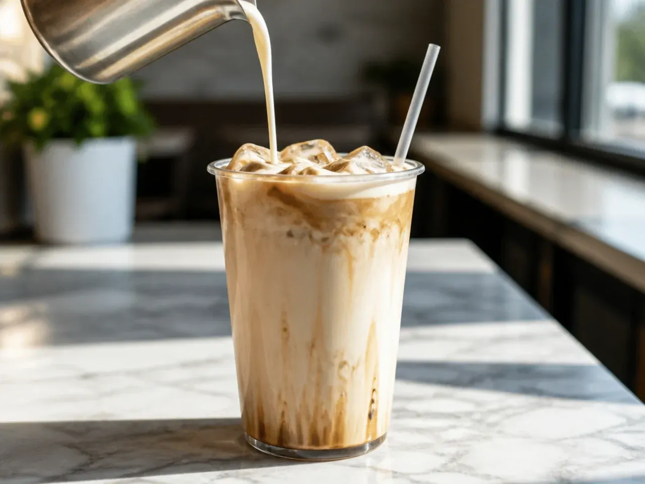 Creamy white chocolate mocha in a glass mug topped with whipped cream and white chocolate shavings