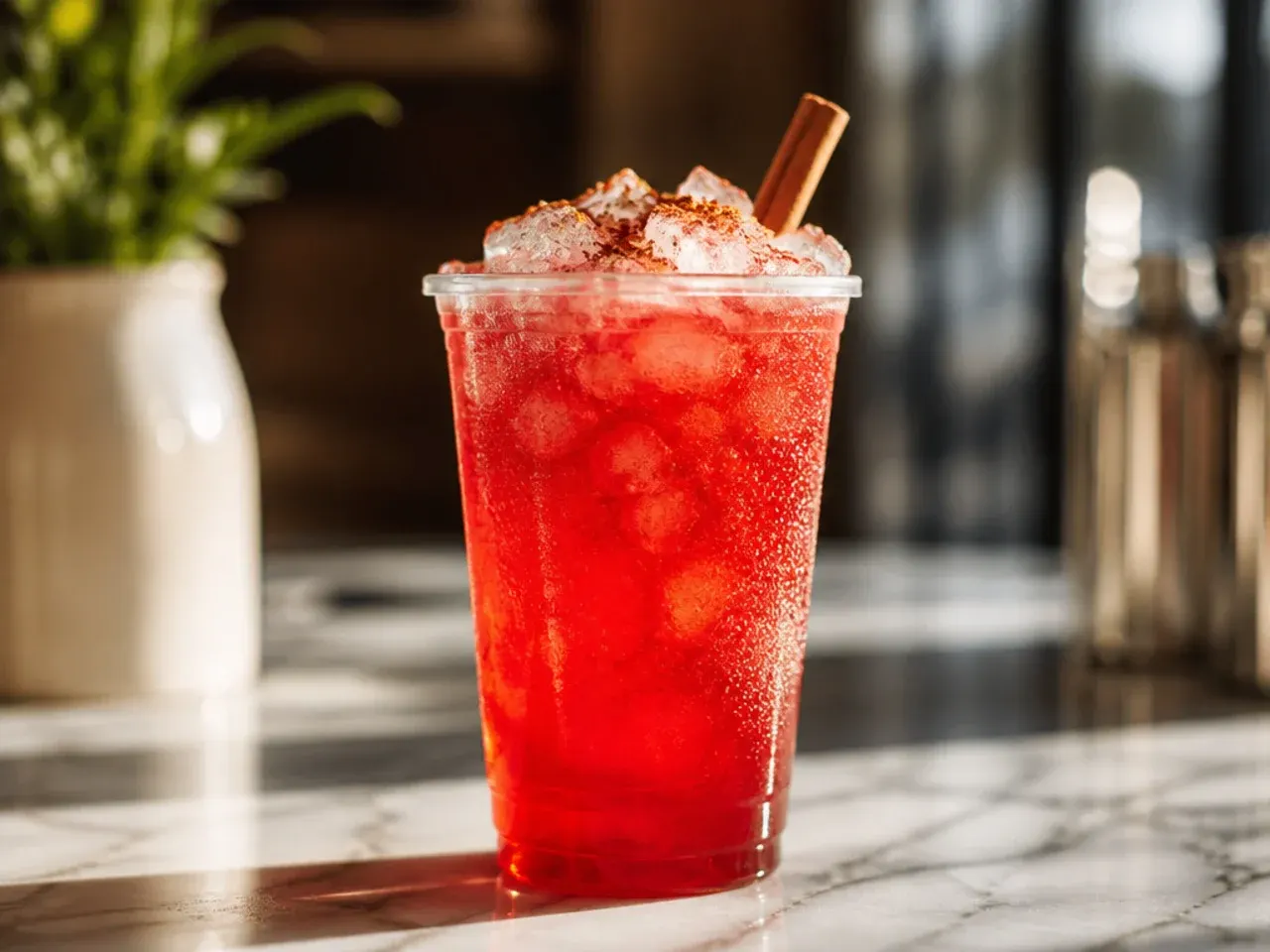 Pink and orange layered fizzy soda drink in a clear cup with ice and a cream swirl on top