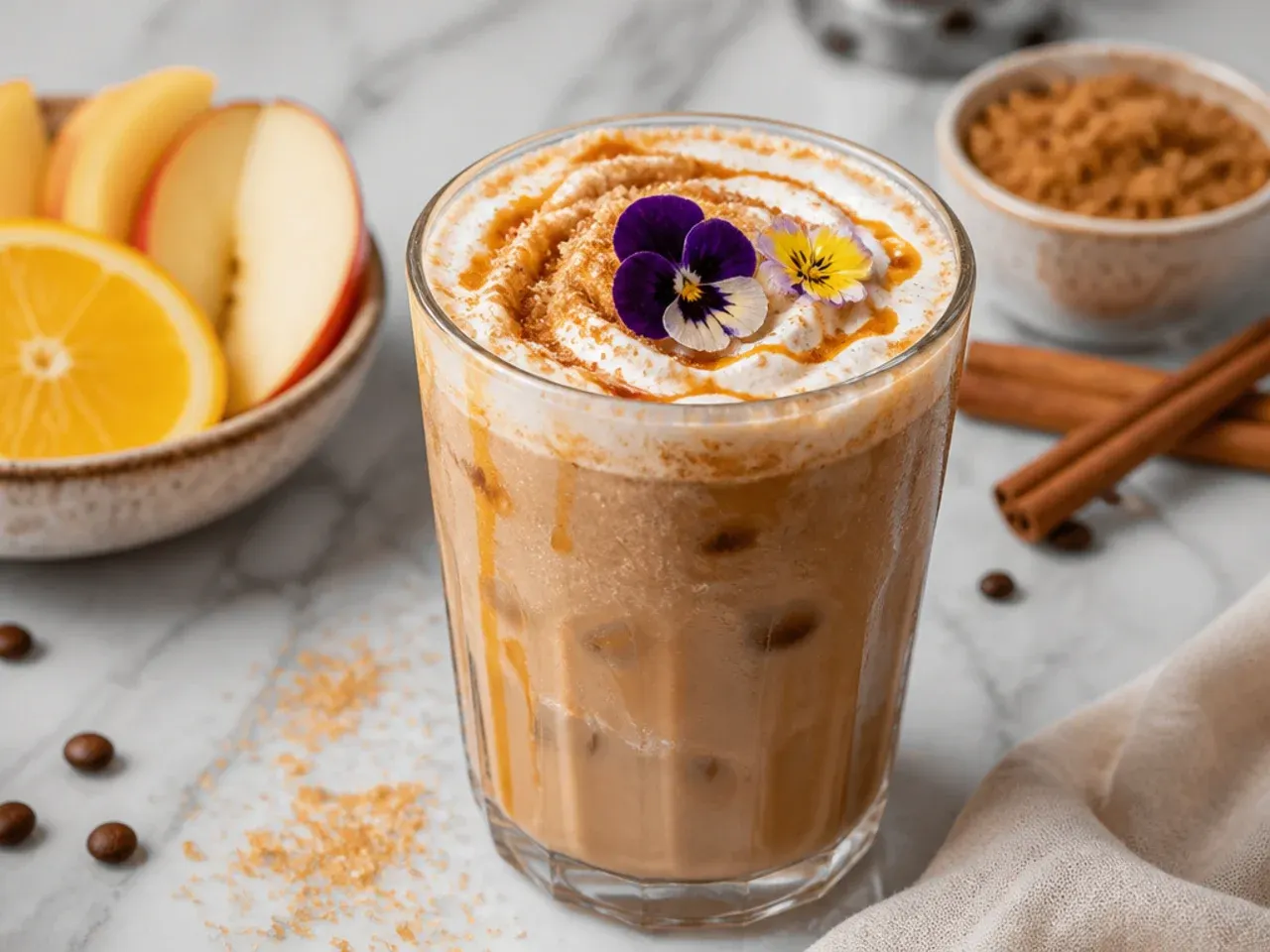 Hot brown sugar cinnamon latte in a ceramic mug with a dusting of cinnamon on the foam
