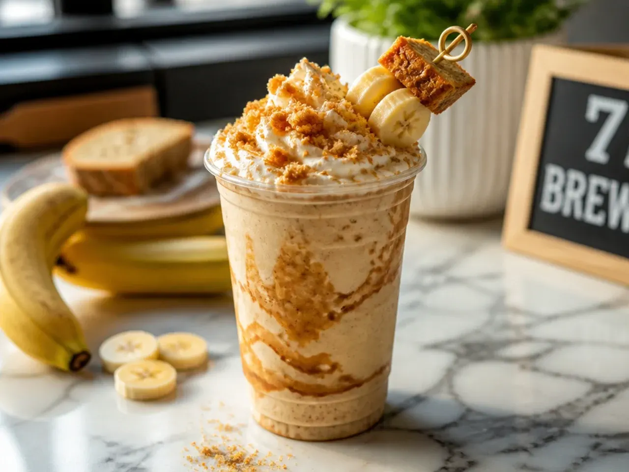 Banana bread flavoured latte in a mug with caramel drizzle on top and a cinnamon stick garnish