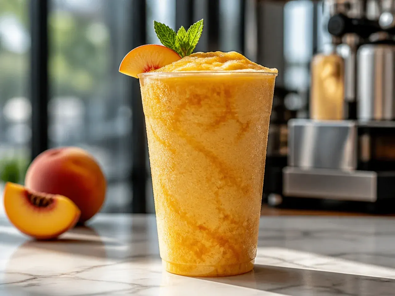 Frozen peach chiller in a tall glass with whipped cream and cinnamon dusting, blended ice visible