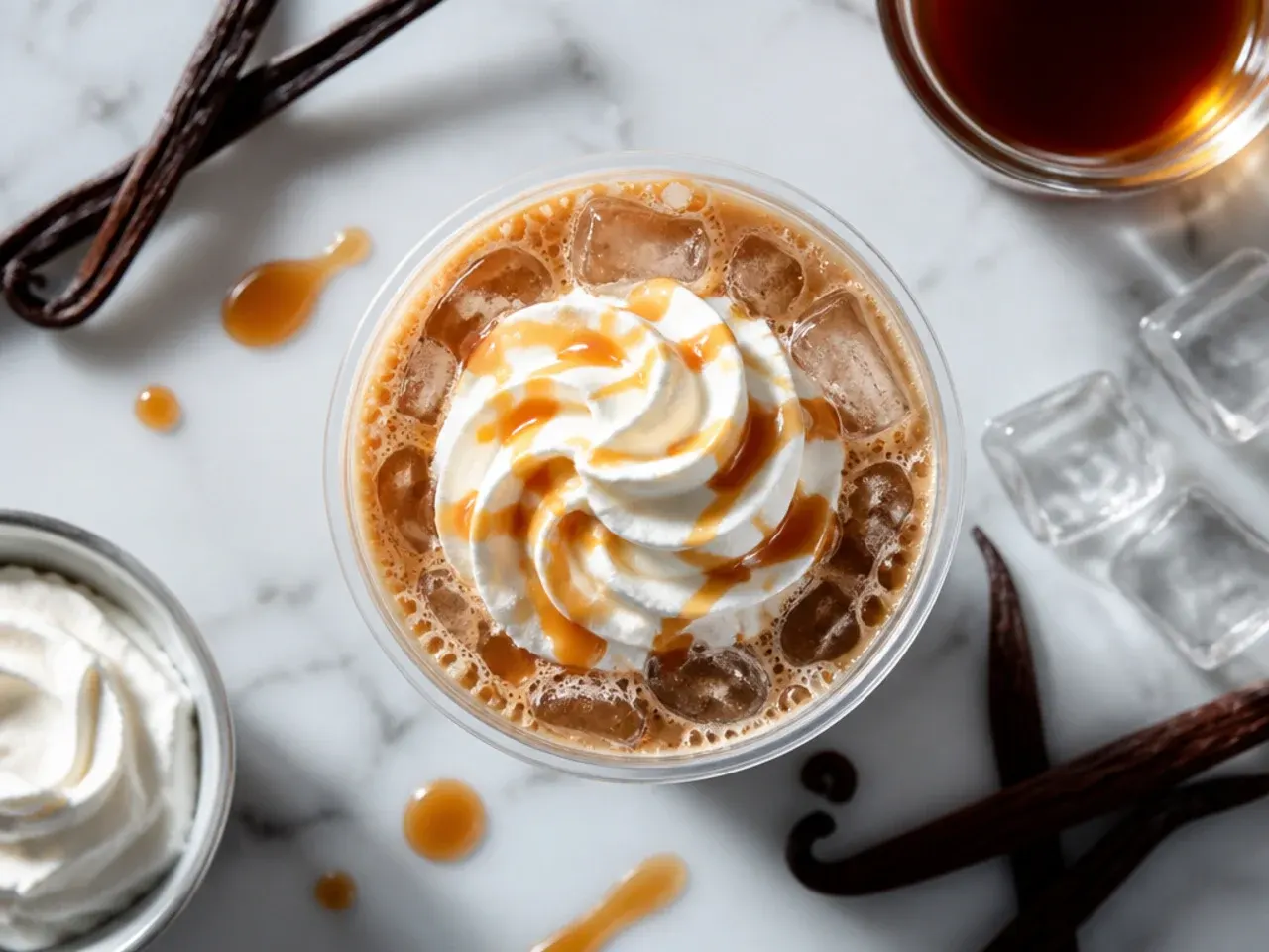 Cold brew coffee with a distinct layer of vanilla sweet cream floating on top in a glass with ice