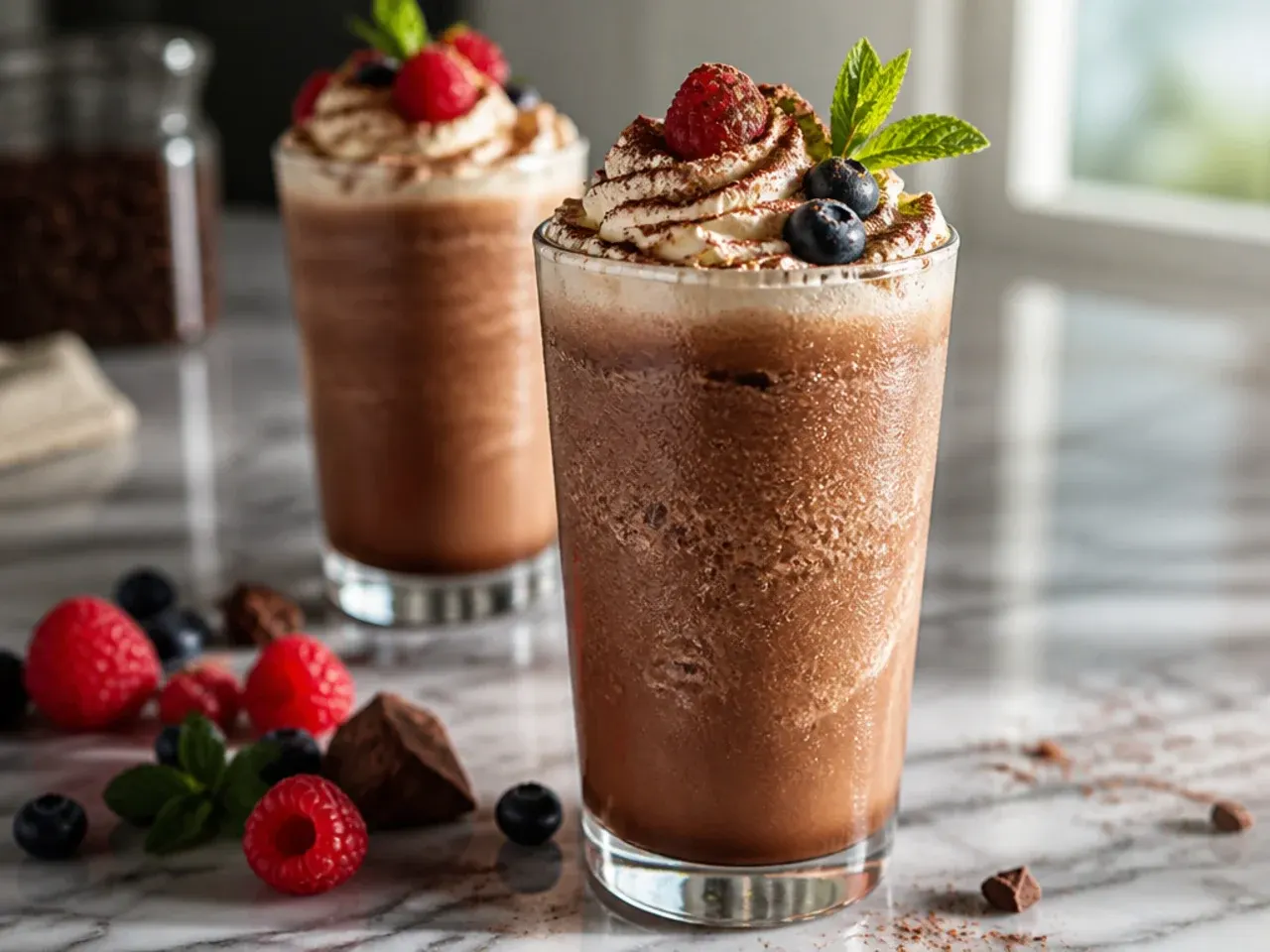 Blended mocha freeze in a glass with chocolate syrup drizzle around the rim and whipped cream on top