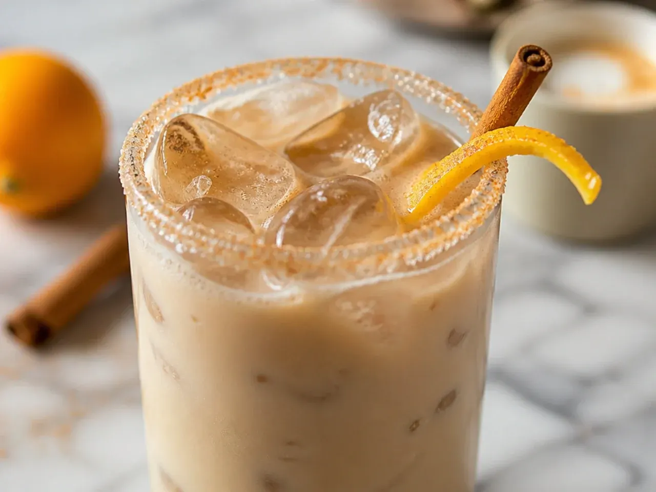 Spiced chai breve in a glass mug with visible espresso shot on top and a dusting of cardamom