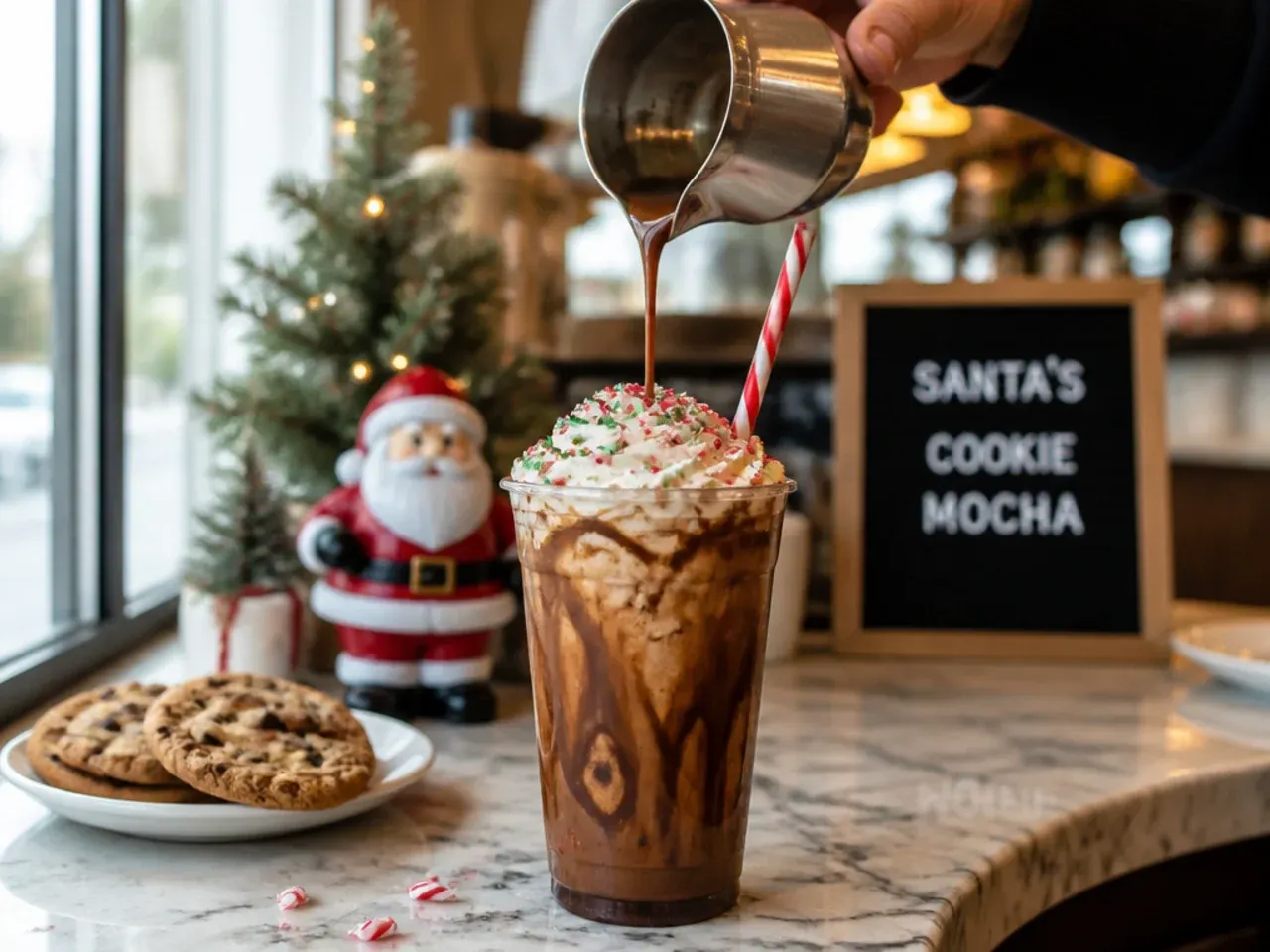Festive mocha latte in a mug topped with whipped cream, crushed cookie crumbs and a dusting of nutmeg