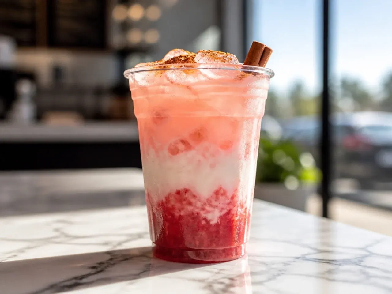 Layered pink and white strawberry coconut fizz drink in a tall clear glass with visible colour separation