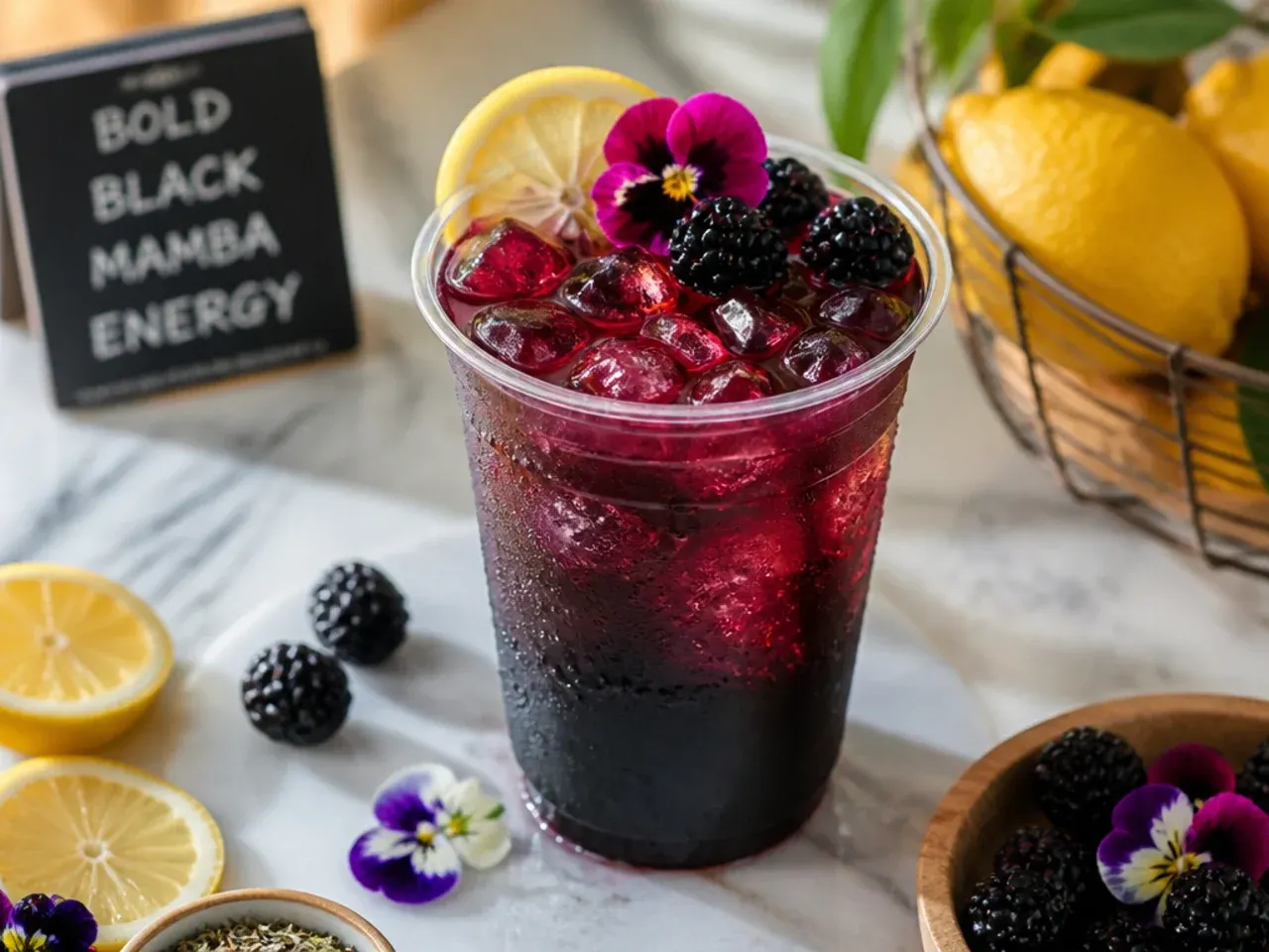 Deep purple energy drink in a clear cup with ice, garnished with a slice of lemon