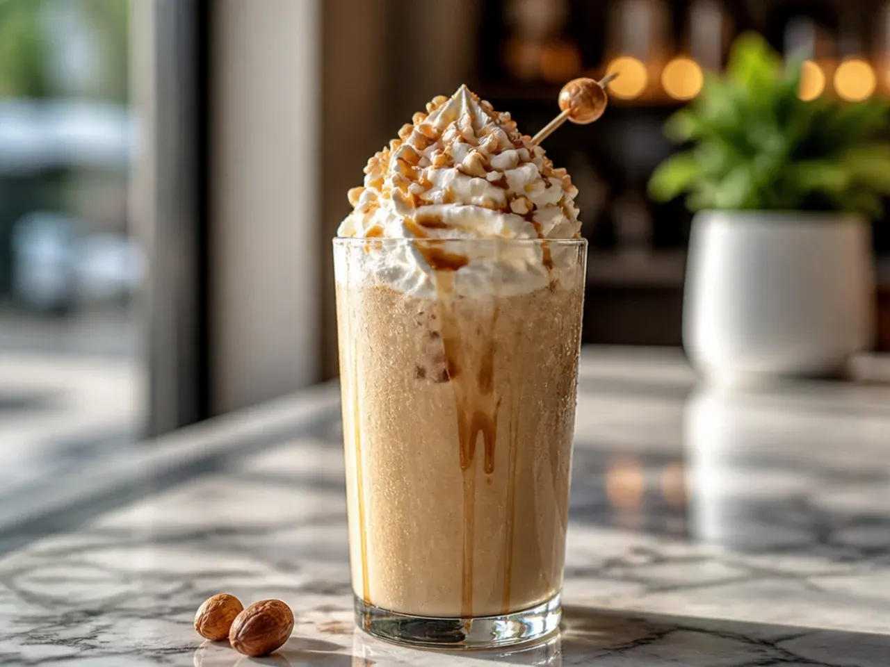 Smooth hazelnut latte in a glass mug with crushed toasted hazelnuts sprinkled on the foam