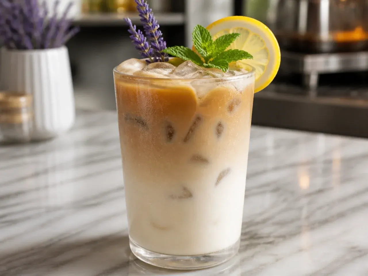 Iced lavender honey latte in a glass with a sprig of lavender garnish and visible milk swirl