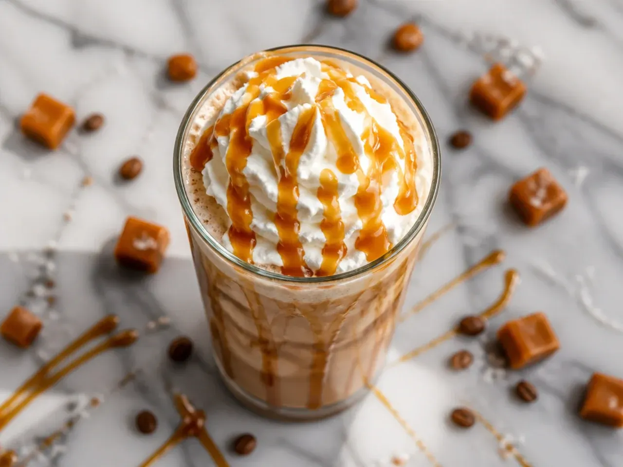Classic caramel latte in a mug with a caramel drizzle pattern on the milk foam