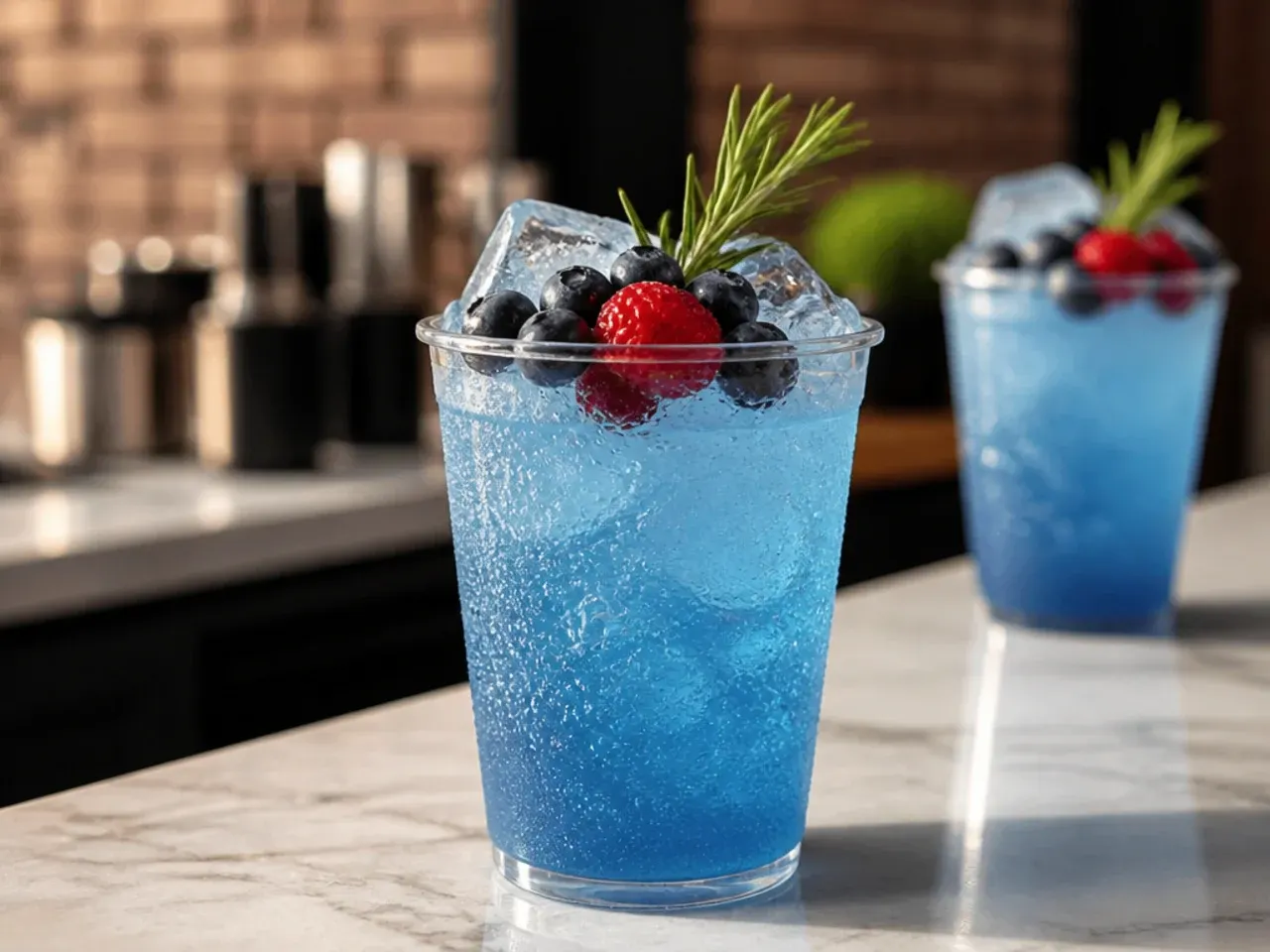 Blue and green ocean-coloured energy drink in a tall glass with coconut cream swirled through the ice