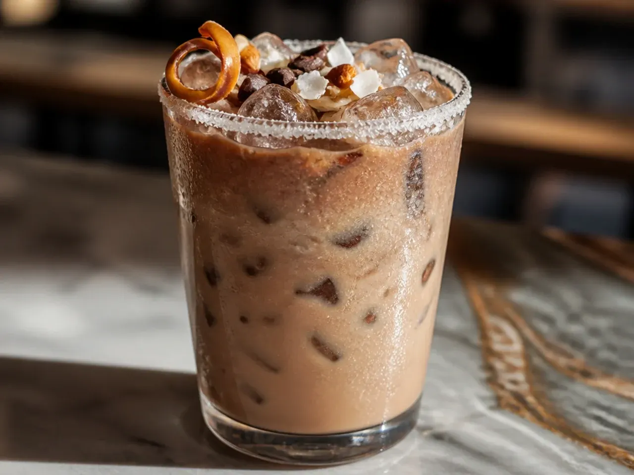 Almond Joy mocha in a mug topped with whipped cream and toasted coconut flakes