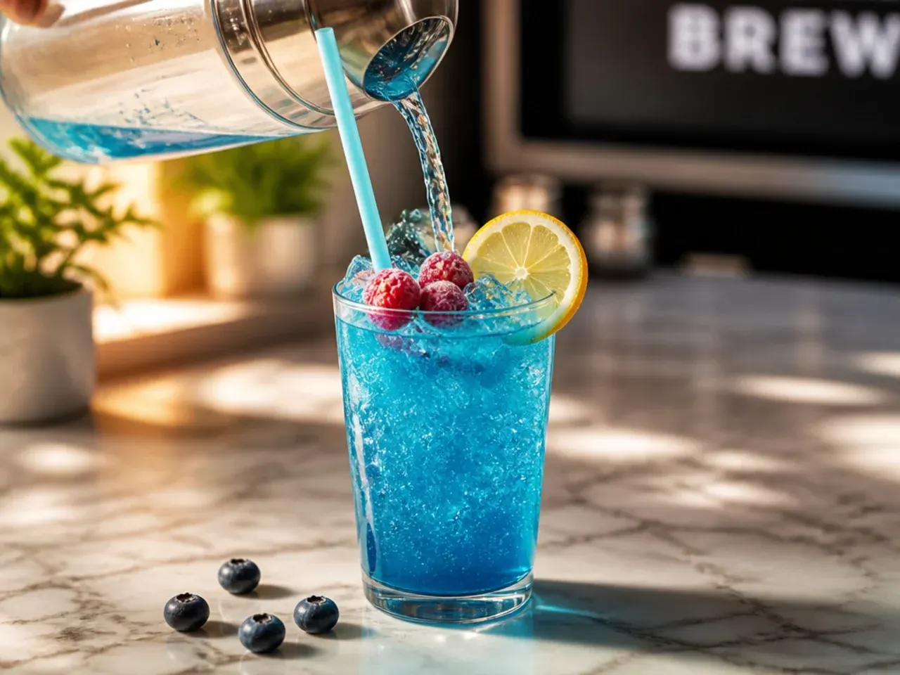 Bright blue lemonade in a clear cup with ice and a lemon wedge garnish on the rim