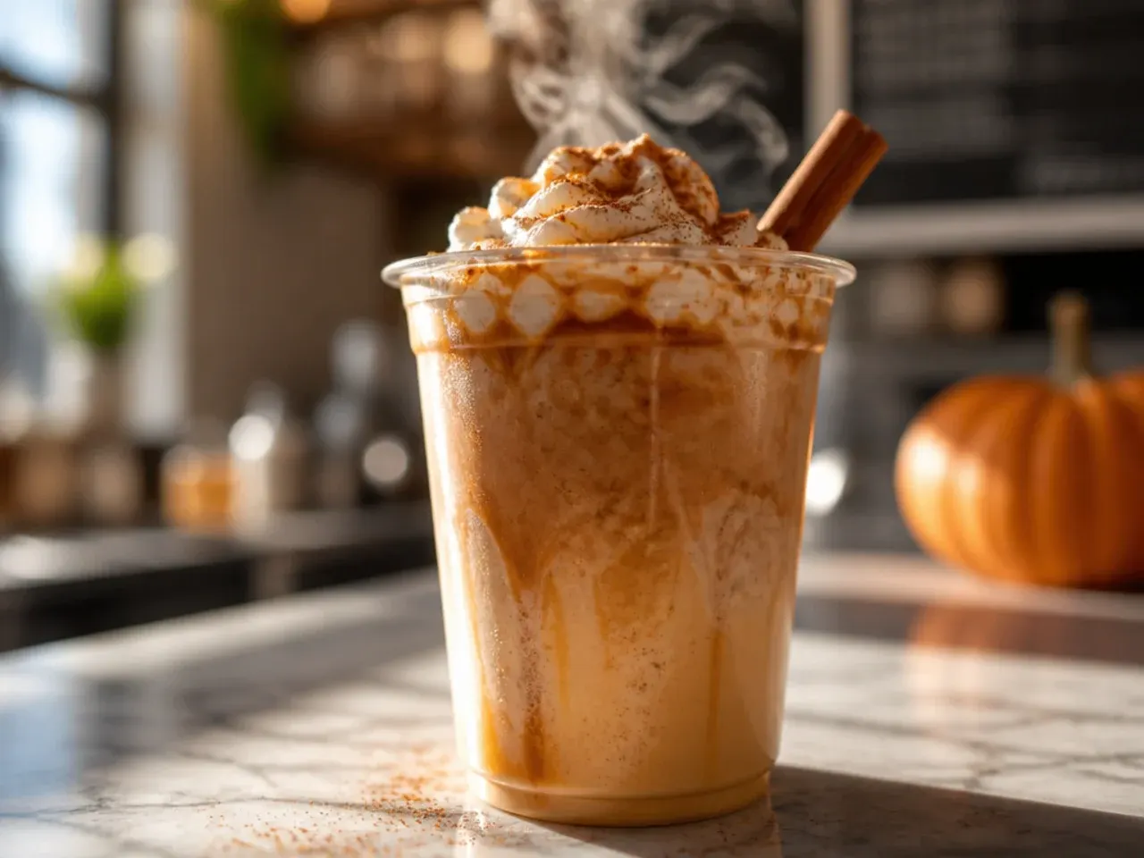 Pumpkin spice latte in a mug with cinnamon dusting and a small cinnamon stick garnish