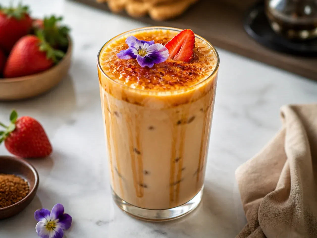 Crème brûlée latte in a wide glass mug with a light dusting of caramelised sugar on top
