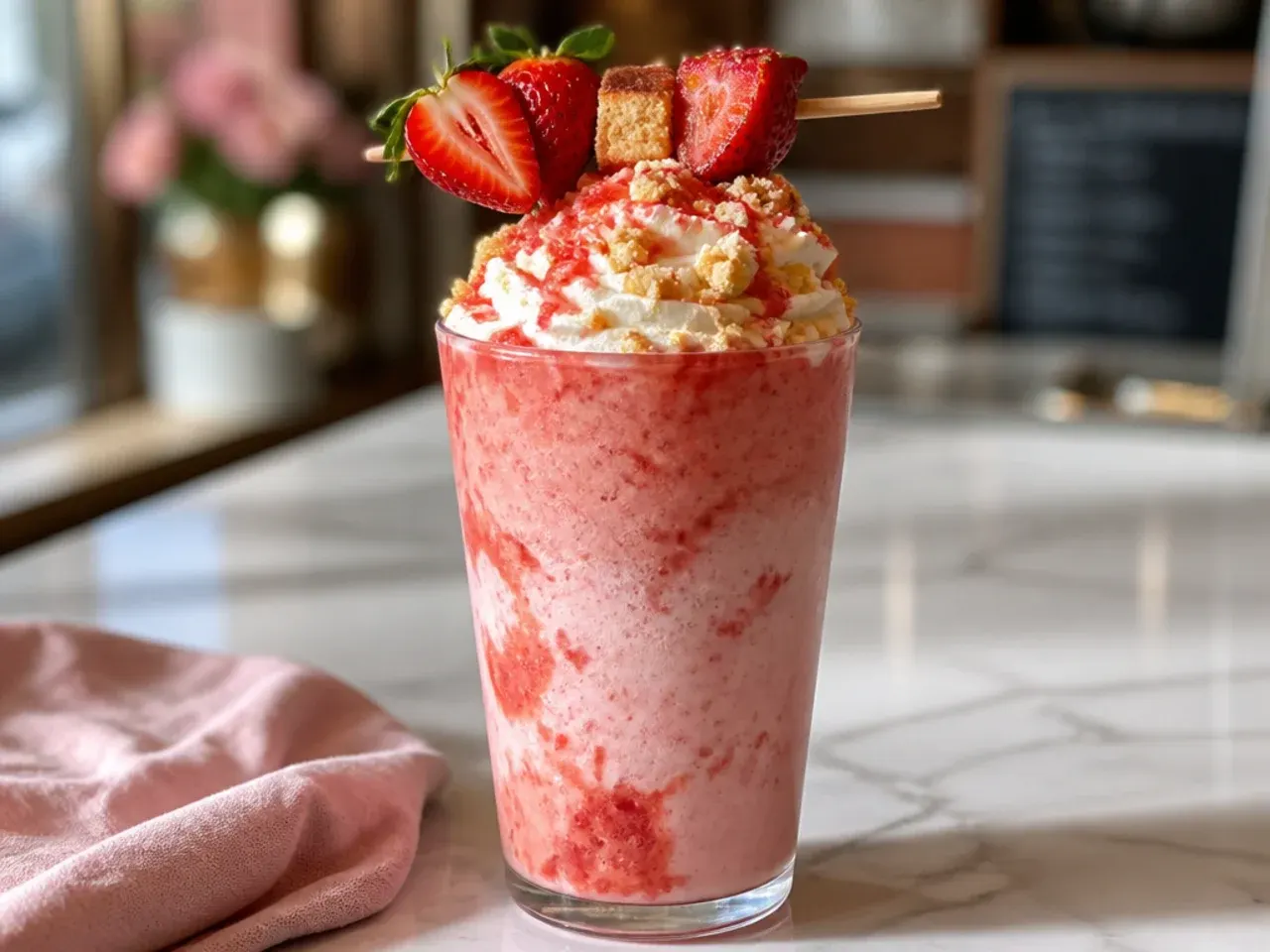 Thick pink strawberry smoothie in a glass topped with whipped cream and crushed shortbread biscuit
