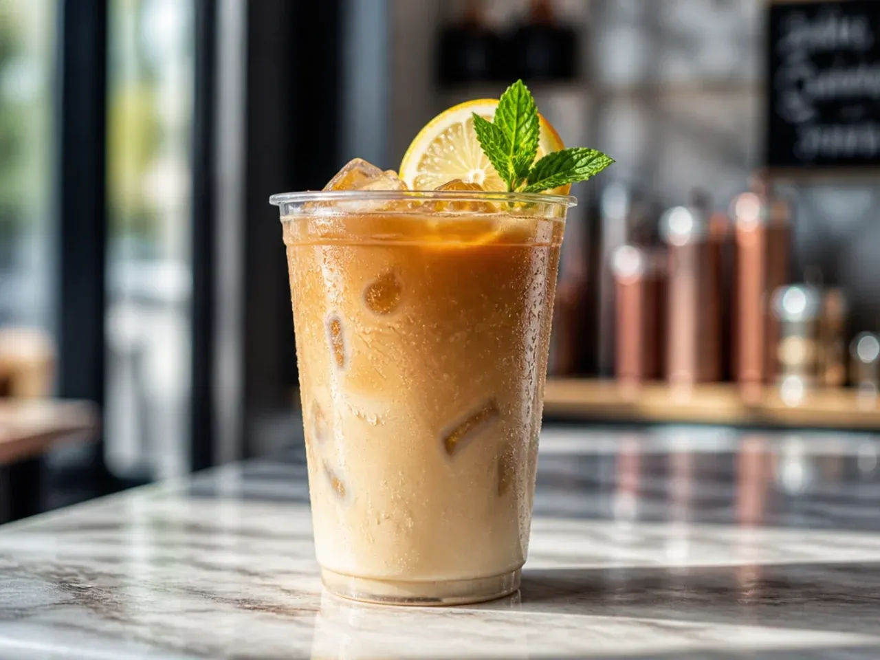 Simple iced vanilla latte in a clear cup with visible espresso and milk layers before stirring