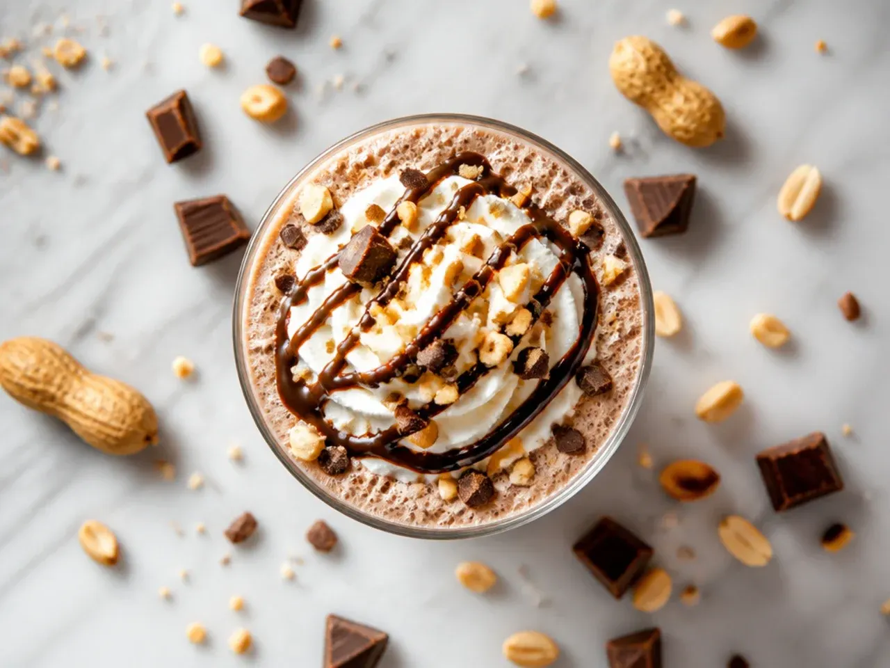 Chocolate peanut butter shake in a tall glass topped with whipped cream and a peanut butter drizzle