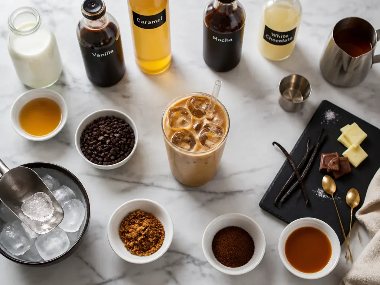 Hand pouring caramel syrup into a glass of hot espresso before adding ice