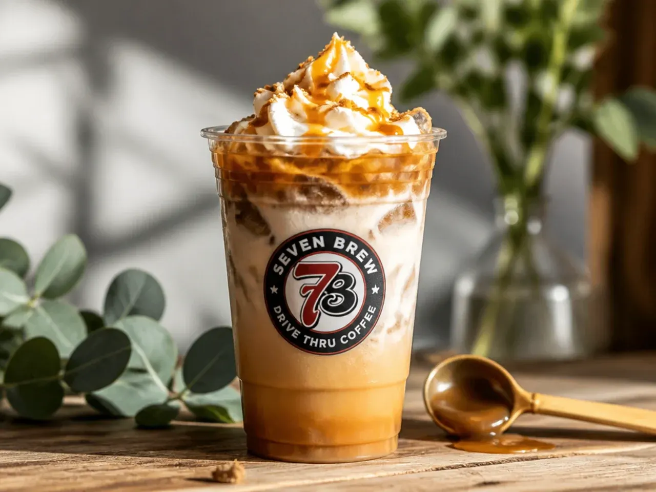 Row of finished drinks in clear cups with whipped cream, caramel drizzle and garnish, ready to serve