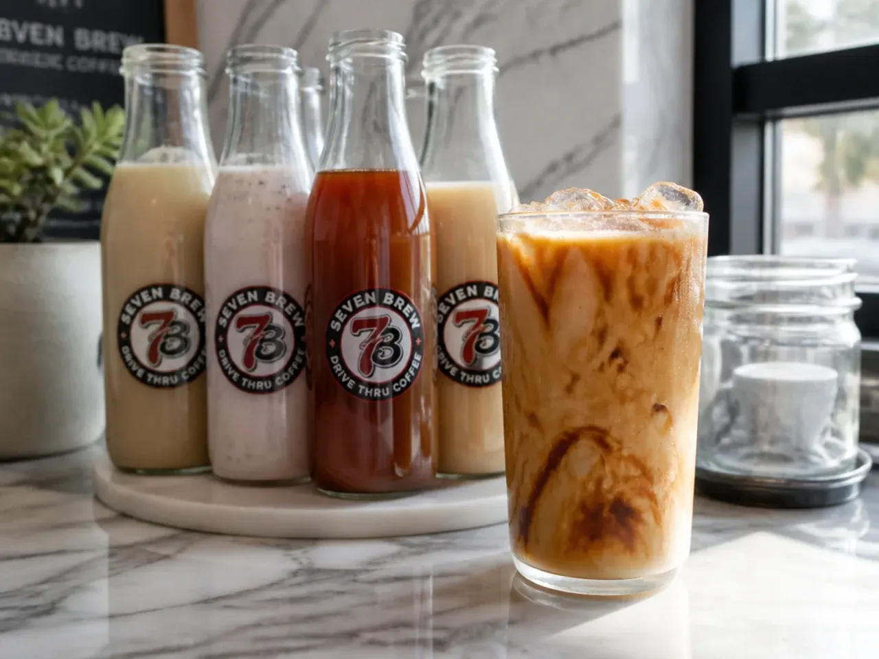 Labelled mason jars of flavoured syrup and cold brew concentrate stored in a fridge door