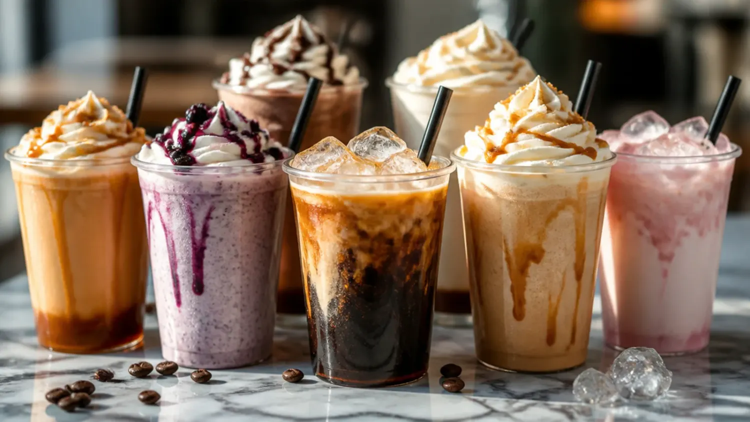 A row of colourful iced coffee and fizz drinks in tall glasses, layered with cream, syrup and fruit garnishes on a wooden counter