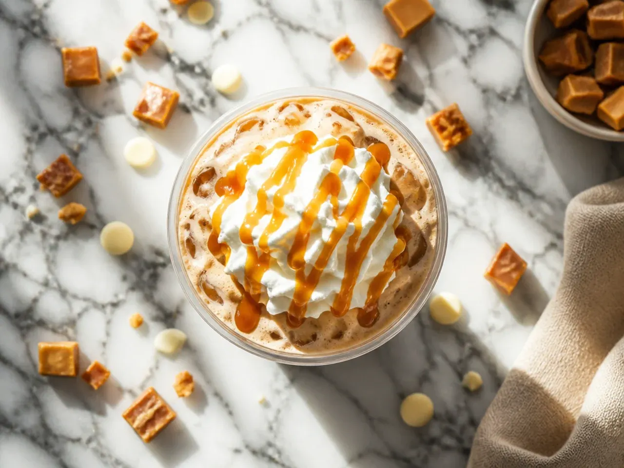 Iced Blondie breve coffee drink with caramel drizzle in a tall glass over ice