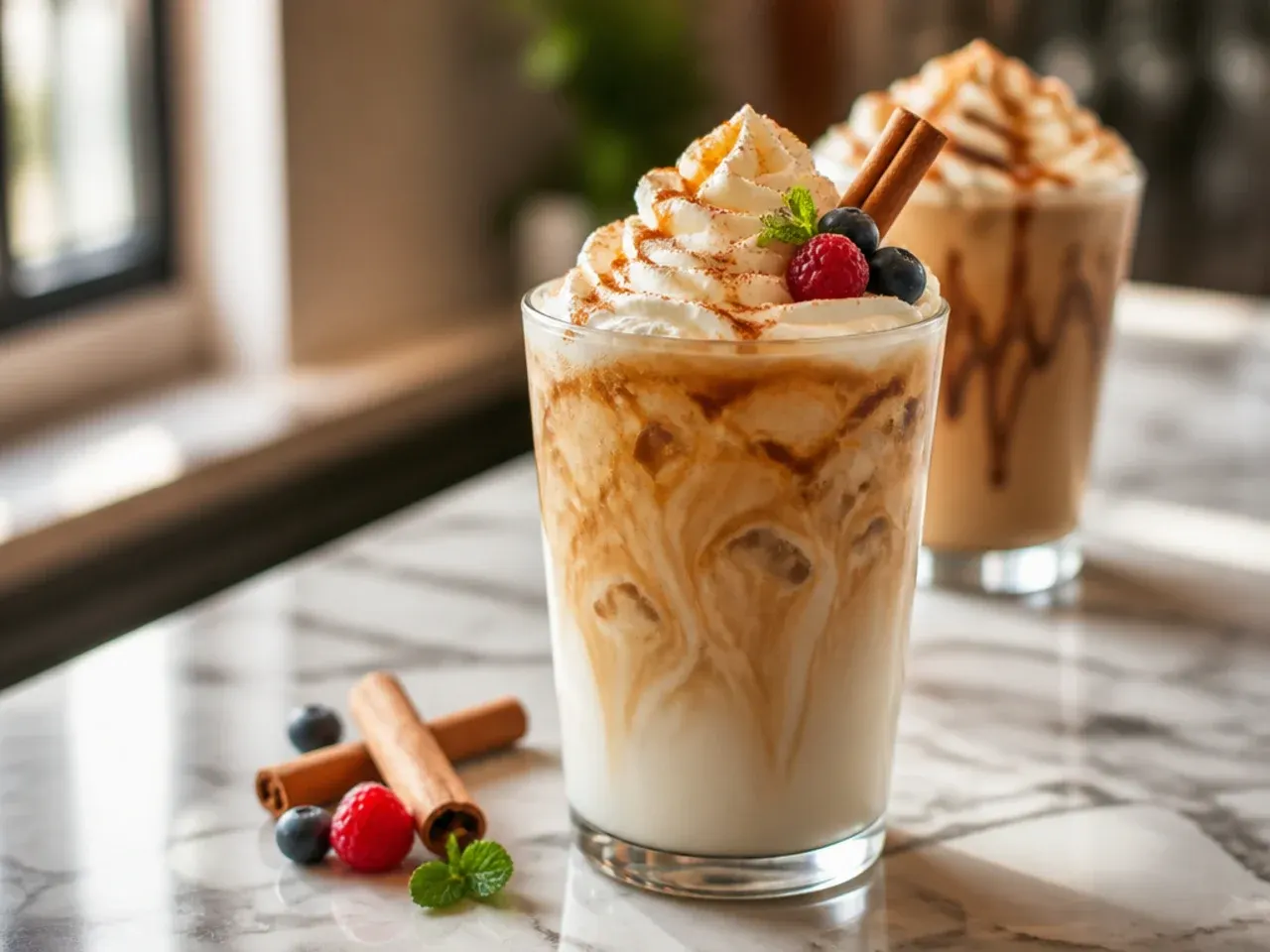 Classic cinnamon roll latte with steamed milk foam and a dusting of cinnamon on top