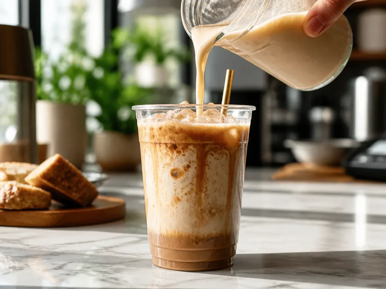 Creamy banana bread flavoured iced coffee breve with a cinnamon dusted foam top