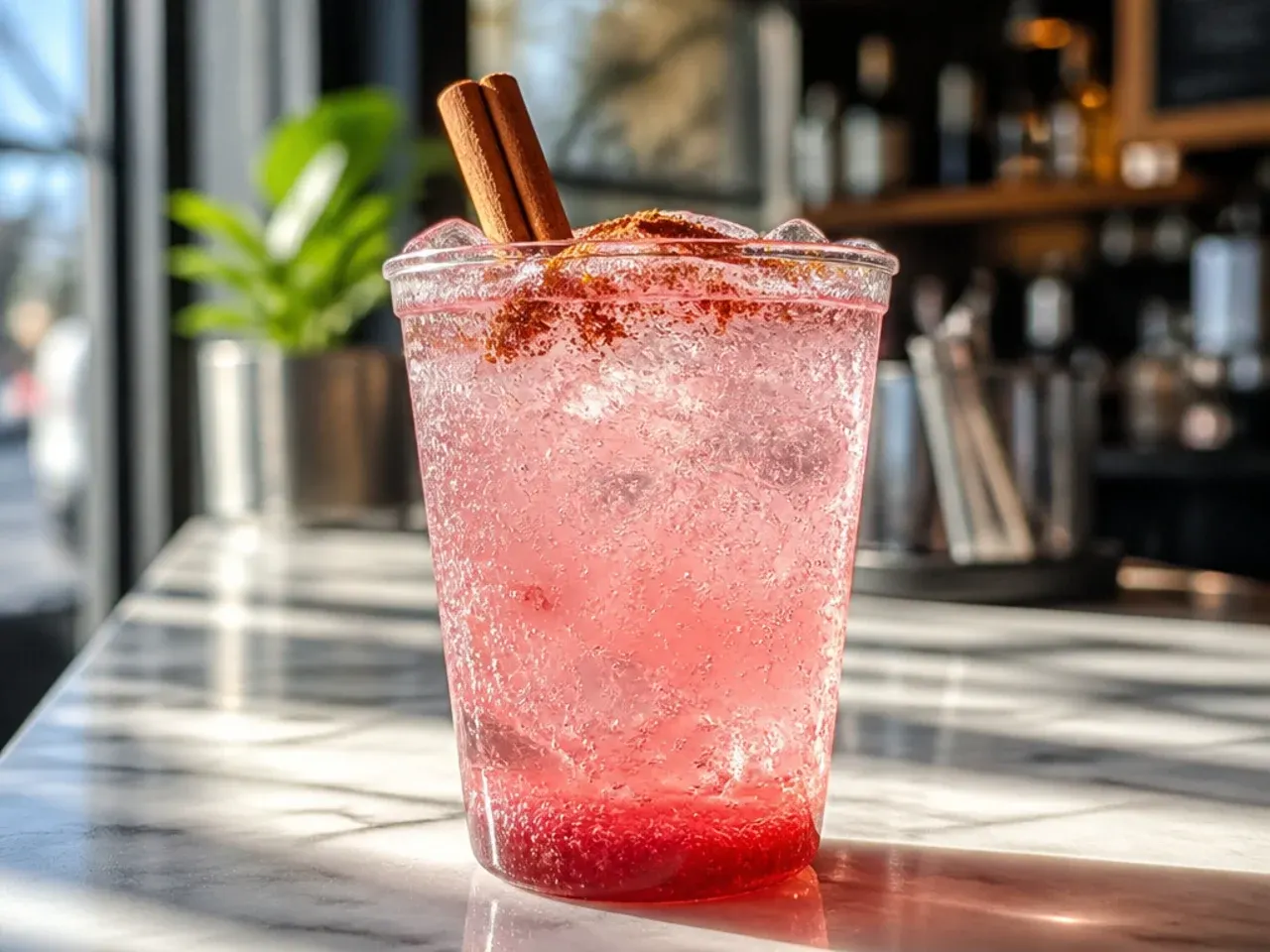 Bright pink watermelon strawberry coconut fizz drink with ice and a fruit garnish