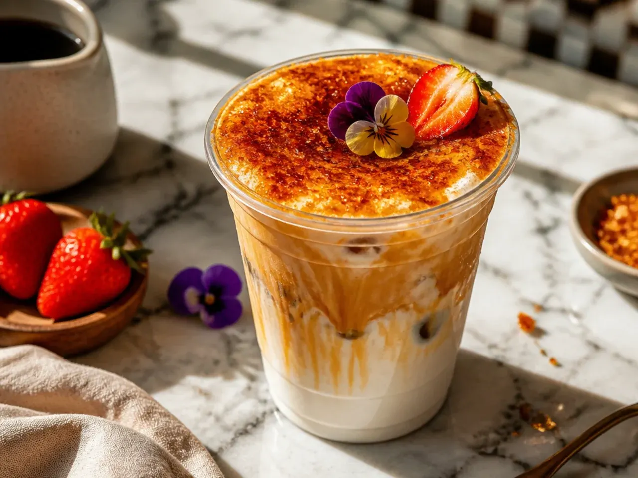 Warm creme brulee latte in a mug topped with crackled caramelised sugar