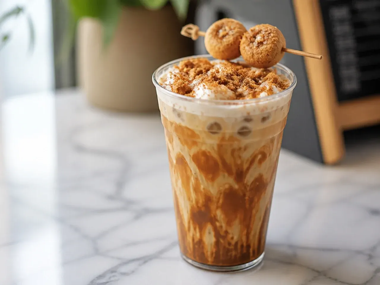 Cookie butter latte topped with whipped cream and crushed speculoos biscuit crumbs