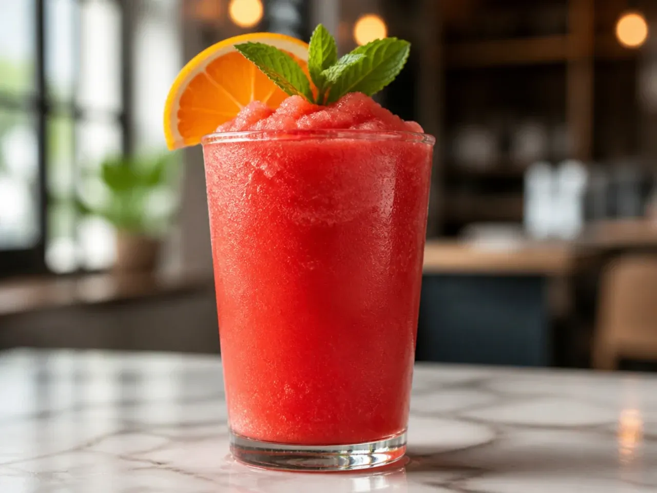 Thick pink Tiger's Blood smoothie in a glass with frozen strawberry garnish