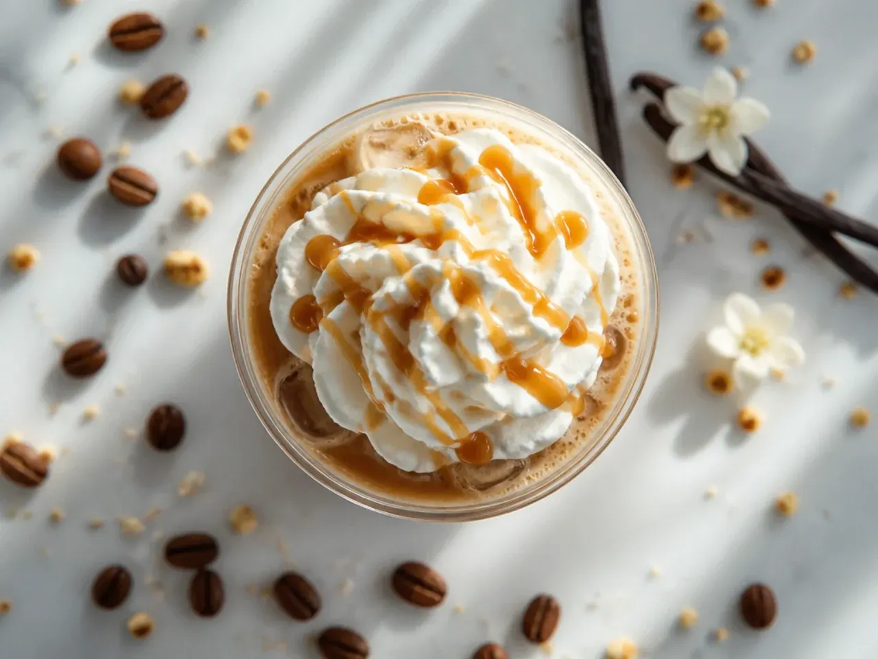 Simple iced French vanilla coffee in a glass with milk swirled through