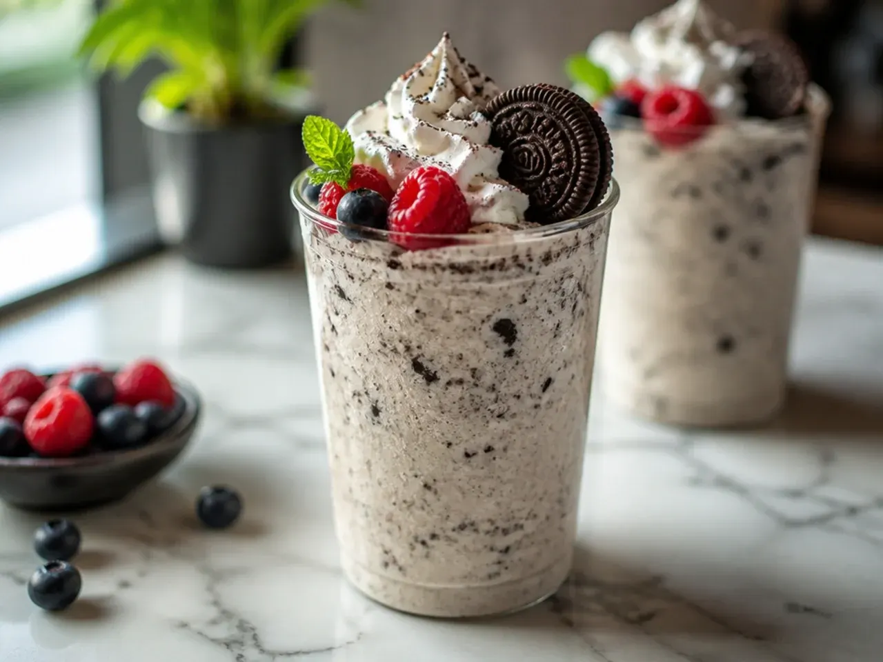 Blended cookies and cream frappe topped with whipped cream and a whole sandwich cookie