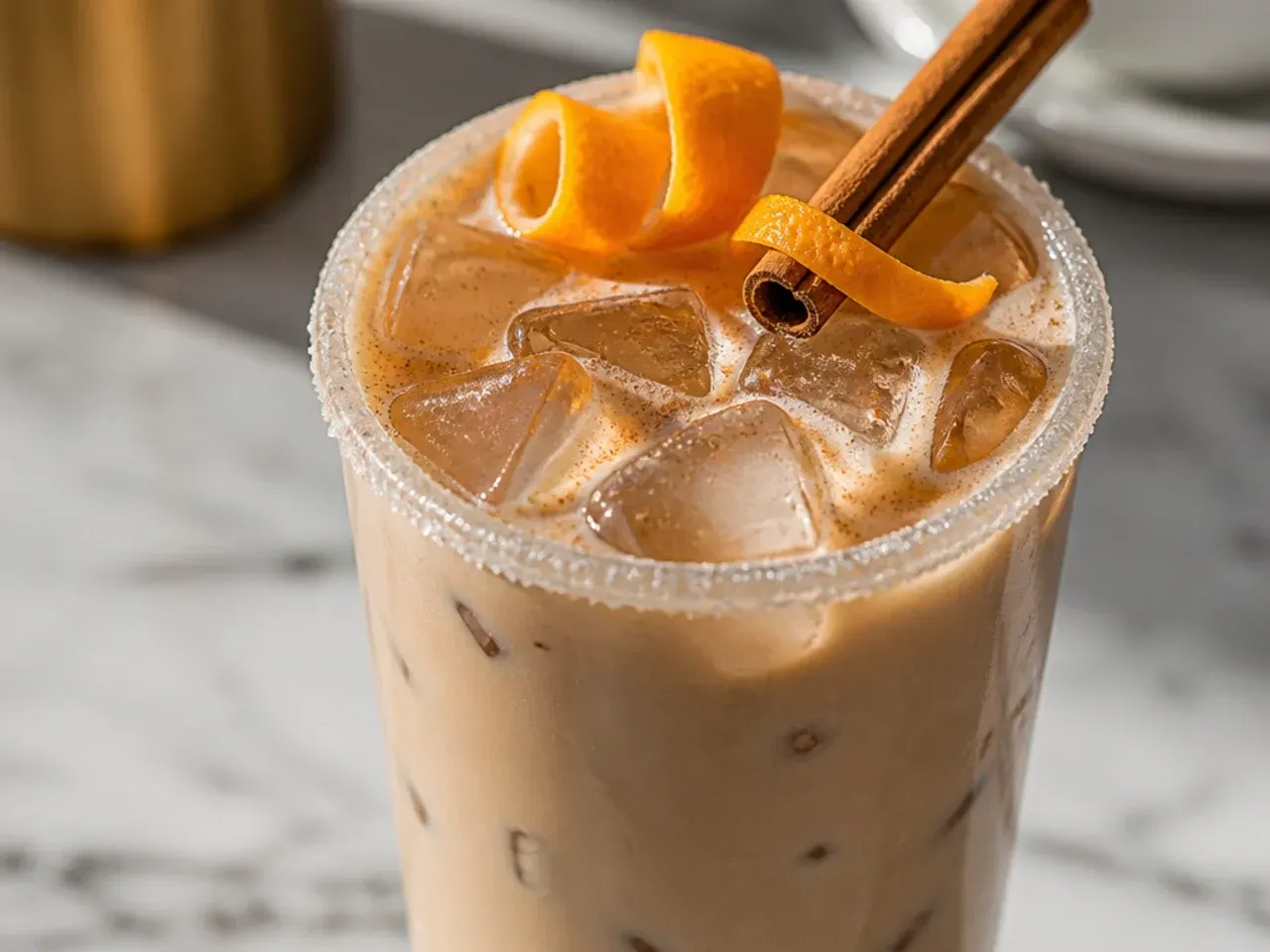 Spiced chai breve latte with cinnamon dusted foam in a ceramic mug