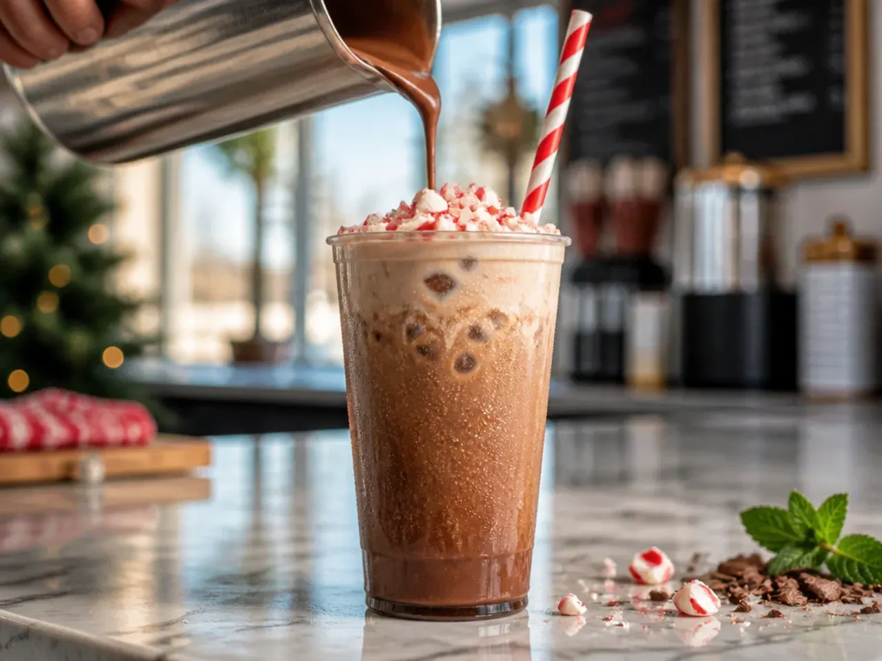 Festive peppermint mocha with whipped cream and crushed candy cane on top