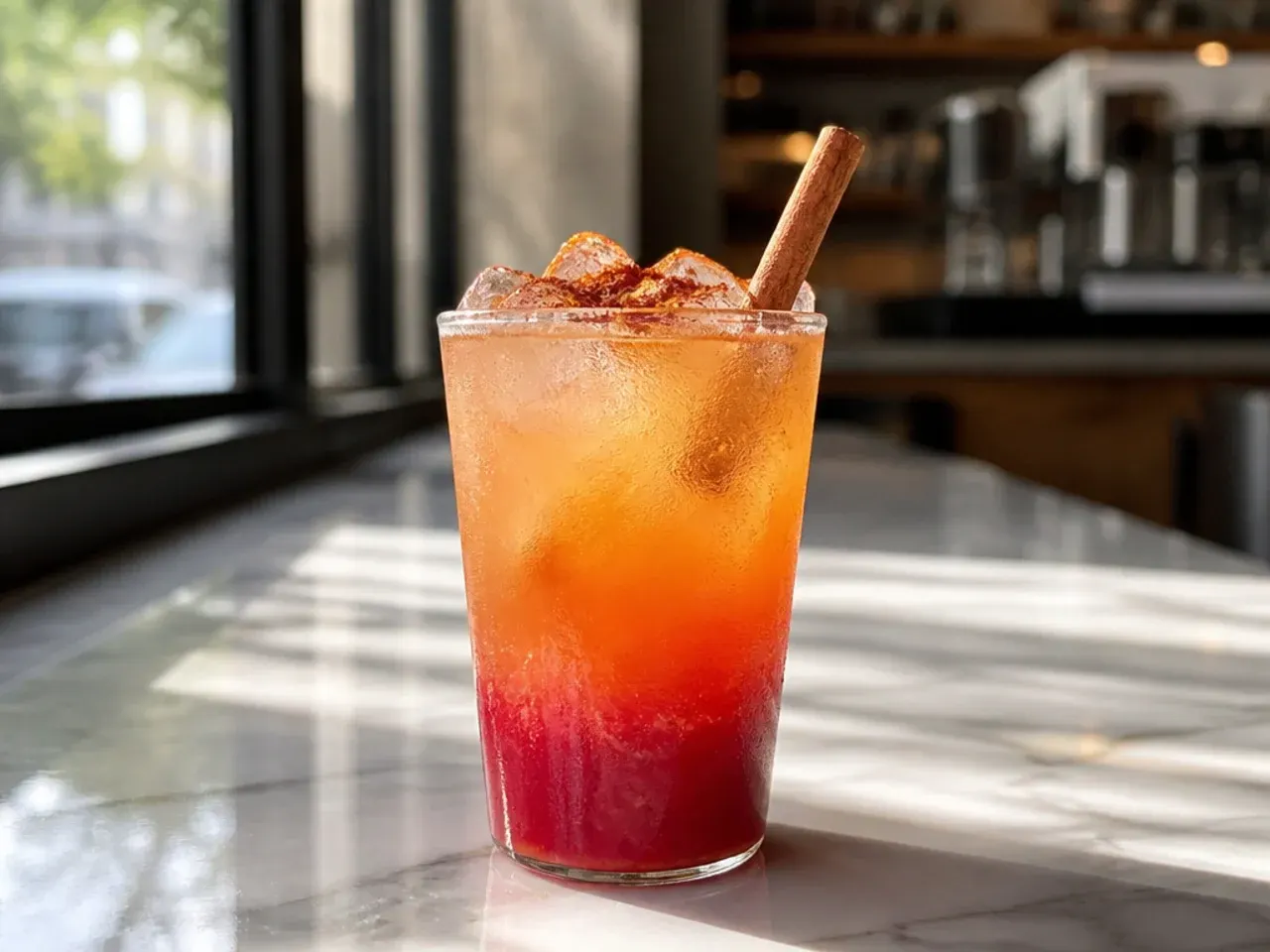 Layered cherry and coconut fizz drink showing distinct colour bands over ice