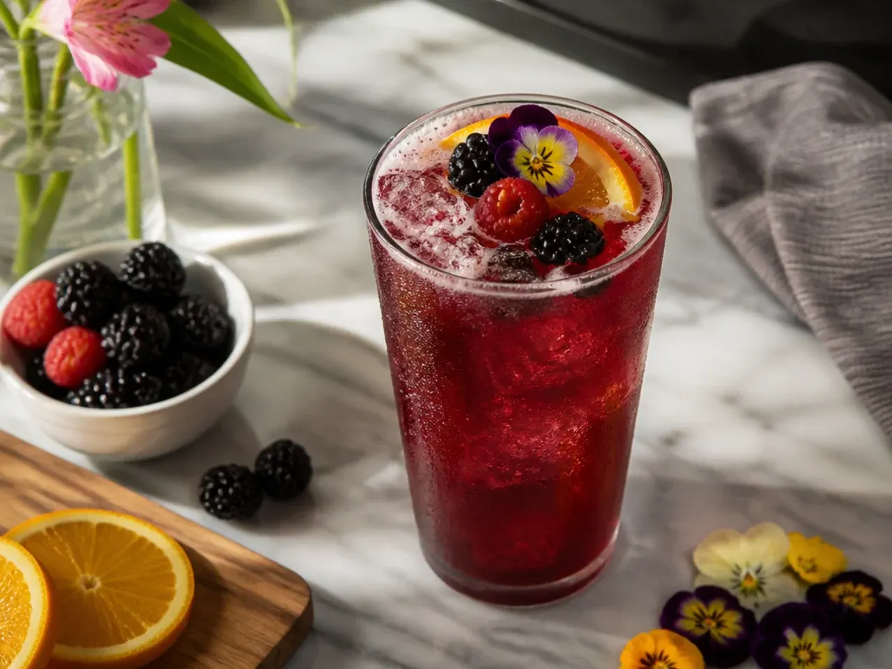 Bright blue purple energy drink with fruit syrups layered over ice in a tall cup