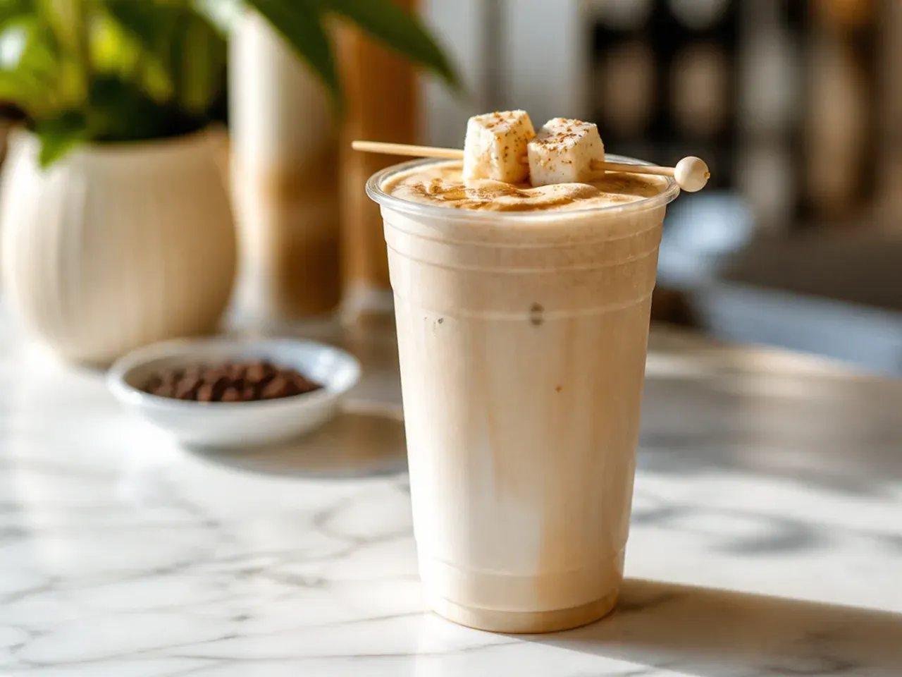 Smooth vanilla latte with velvety milk foam in a white ceramic cup