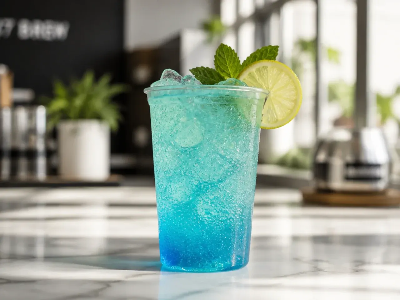 Bright blue coconut fizz drink with a lime wheel garnish over ice