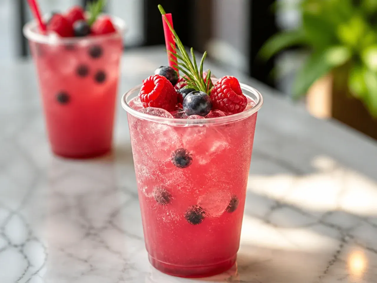 Rainbow coloured candy flavoured fizz drink with a sugared glass rim