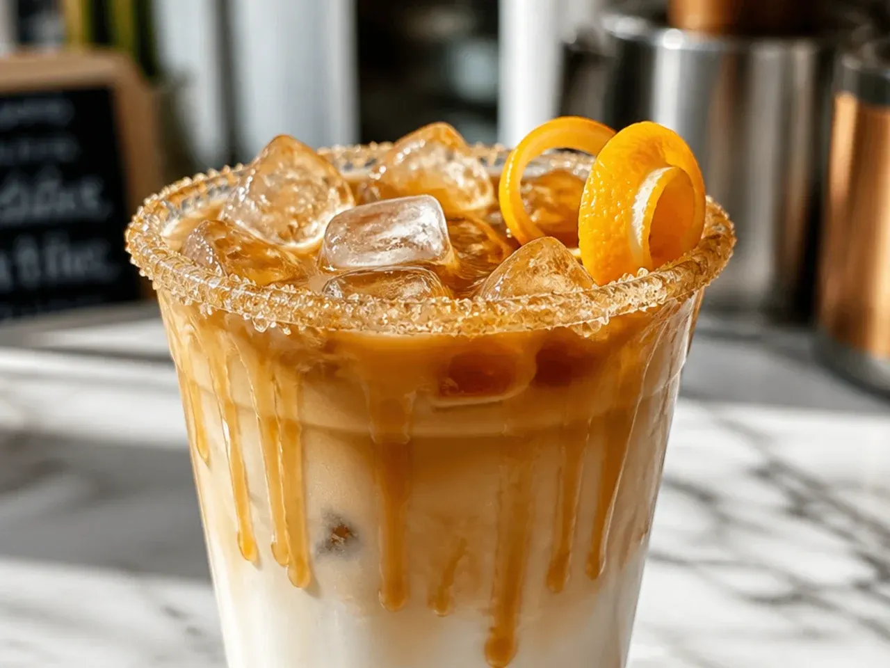 Caramel macchiato breve with visible espresso streaks and caramel drizzle on top